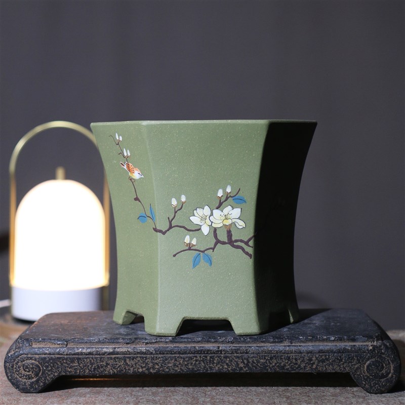 紫砂花盆六方形六角形绿泥盆景盆泥绘苏玲兰盆名家盆玉兰花盆春兰