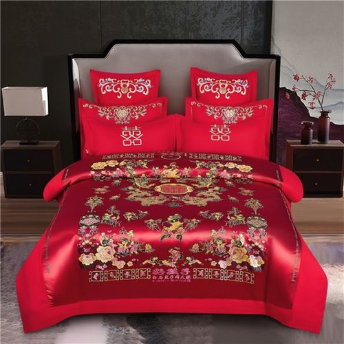 新婚四件套磨毛刺绣婚庆嫁娶婚房陪嫁礼品大红色六件套八件套