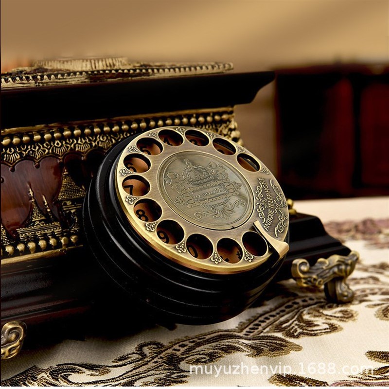 仿古电话机欧式复古实木旋转老式客厅家用无线插卡电话座机摆件