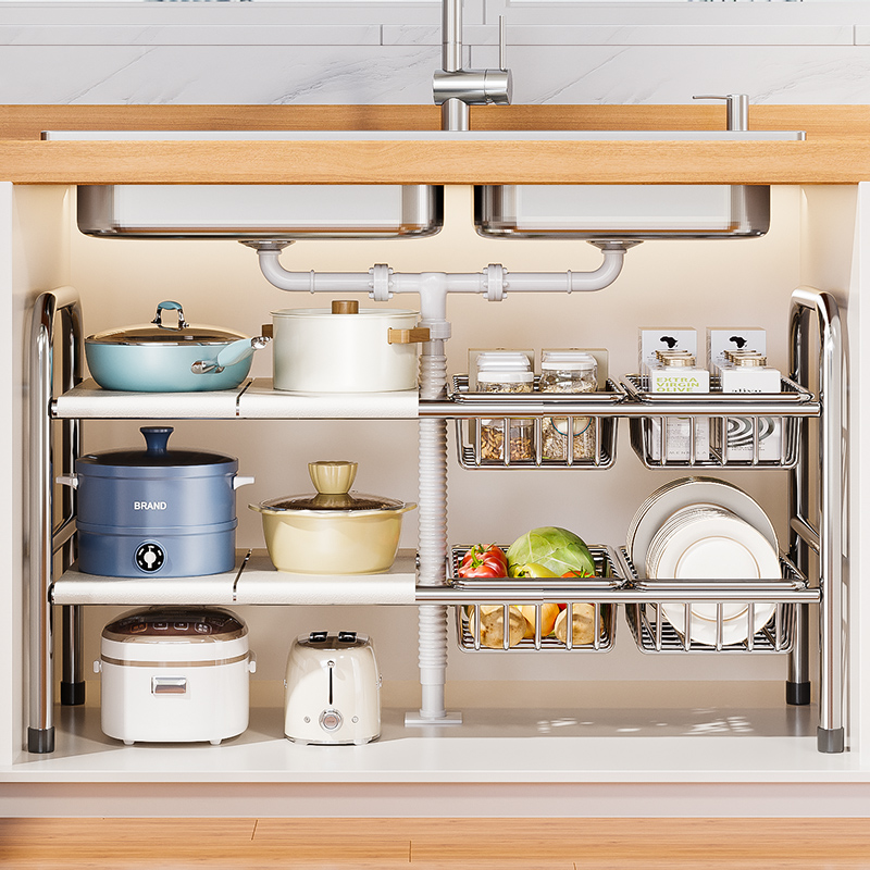 不锈钢厨房下水槽置物架橱柜内多功能家用分层架储物架锅具收纳架