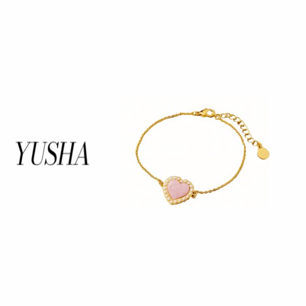 金家夫人小众饰品/金色边镶珠粉贝爱心小D手链-丫丫同款