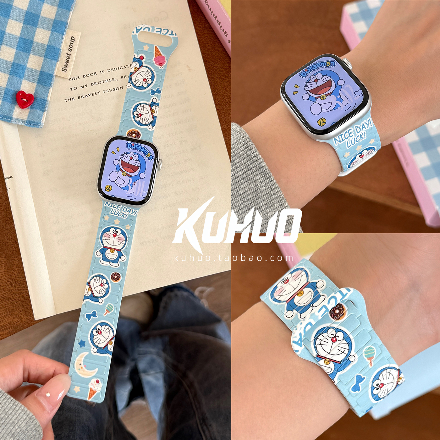 哆啦A梦磁吸可爱卡通适用AppleWatch苹果S10手表表带IwatchS9/8/7/6代SE42/46mm新款S11硅胶磁吸回环小众腕带