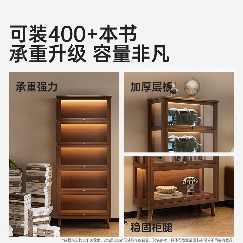 实木书柜带柜门落地置物柜客厅储物柜防尘收纳柜三面透明展示柜子图片