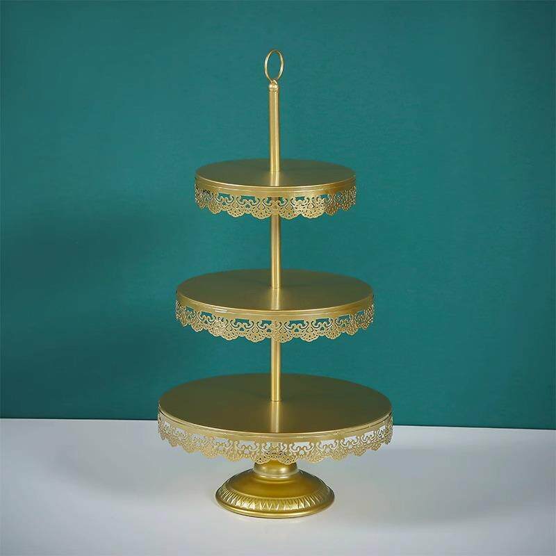 金色婚礼甜品台摆件欧式蛋糕架婚庆道具蕾丝蛋糕盘铁艺点心架