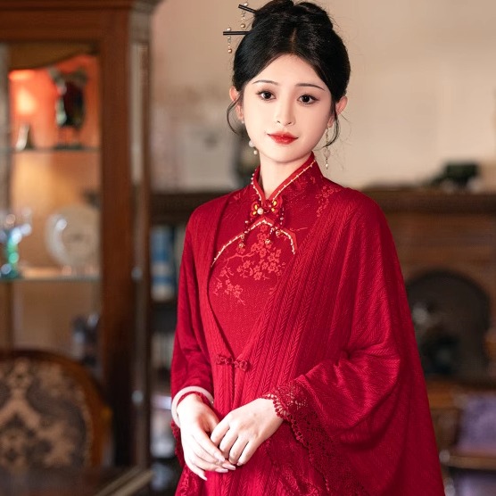 中国风红色披肩婚礼新娘搭配旗袍敬酒服外搭针织开衫外套遮肉显瘦