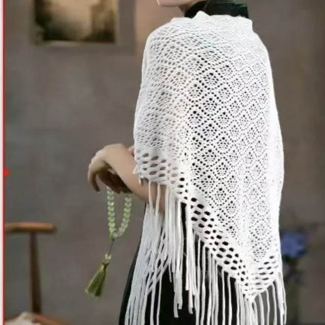 2025新款秋冬紫色旗袍披肩流苏针织毛线三角巾纯色百搭披巾围脖巾