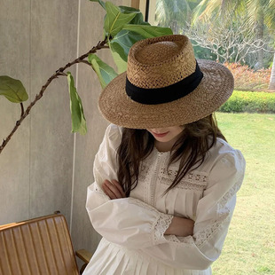 法式复古帽子老钱风镂空平顶草帽女秋冬海边度假风防晒遮阳帽礼帽