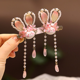 元旦节汉服发饰串珠珍珠兔子耳朵国风新中式儿童发夹古风流苏头饰