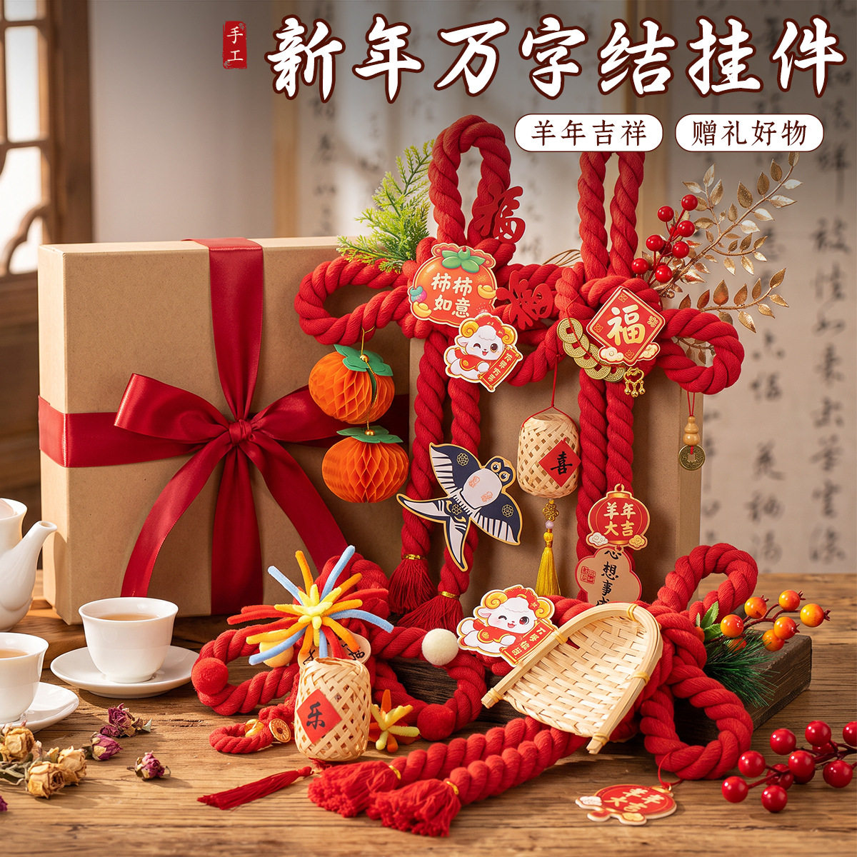 羊年万字结挂件手工diy材料包柿柿如意中国结新年入户门挂饰春节