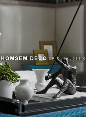 现代简约抽e象北欧轻奢钓鱼人摆件样板房售楼处客厅软装饰品摆设