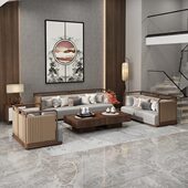 新中式 沙发组合禅意真皮实木轻奢别墅客厅简约乌金木家具定制