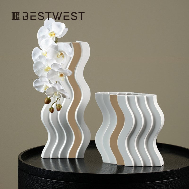 Best west 波浪形白色釉面轻奢陶瓷花瓶样板间客厅软装花器装饰品