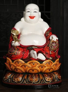 陶瓷厚重庄严极彩如意拿珠弥勒佛摆件 彩色坐莲笑脸弥勒家居摆件