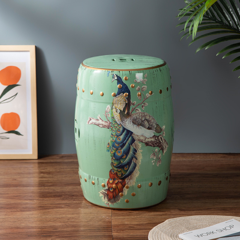 复古陶瓷坐墩花鸟陶艺凳客厅陶瓷花台花架 家居新中式陶瓷鼓凳子
