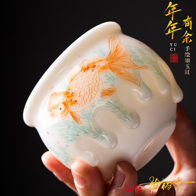 徐福坤大师手绘杯瓷白透亮杯身流釉羊脂玉瓷白瓷茶杯主人杯品茗杯
