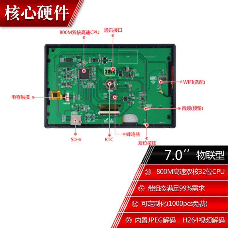 7.0寸1024*600 串口屏 触摸屏 IPS屏 WIFI 物联网  86盒 广州大彩