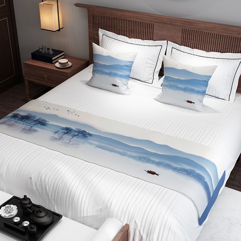 新中式床旗床尾巾床盖三件套棉麻麻布四季通用床单长Y条巾装饰品