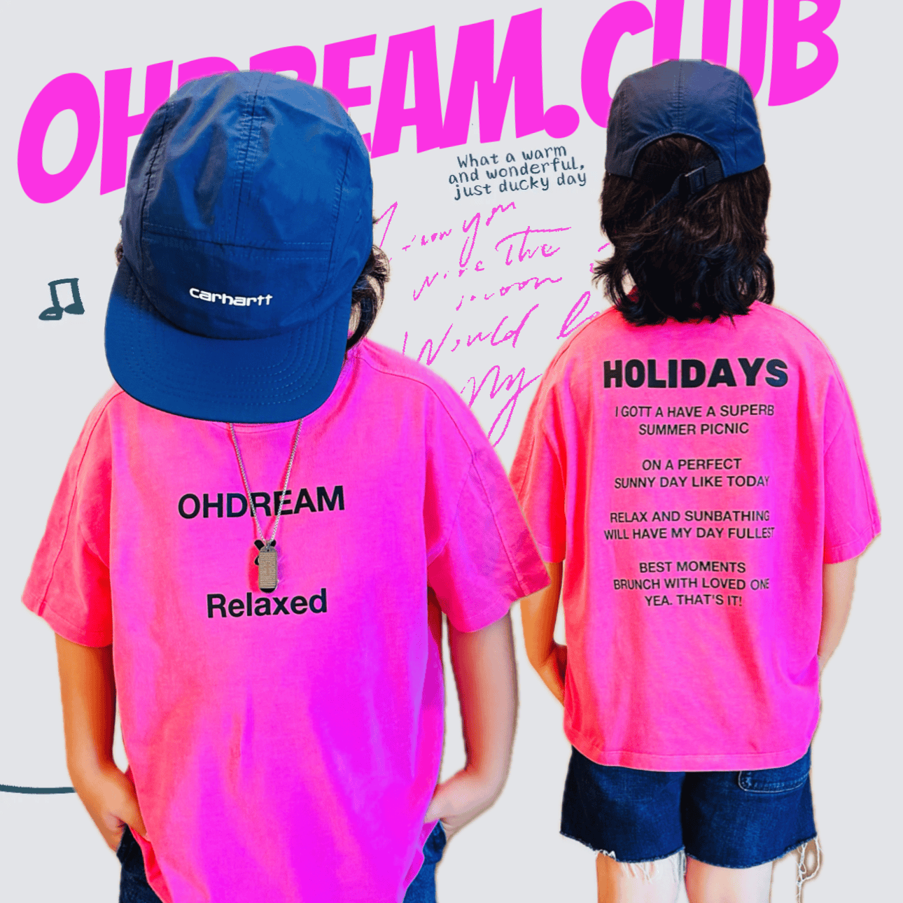 OHDREAM童装正正正玫红色度假系列纯棉高品质亲子男女童短袖T