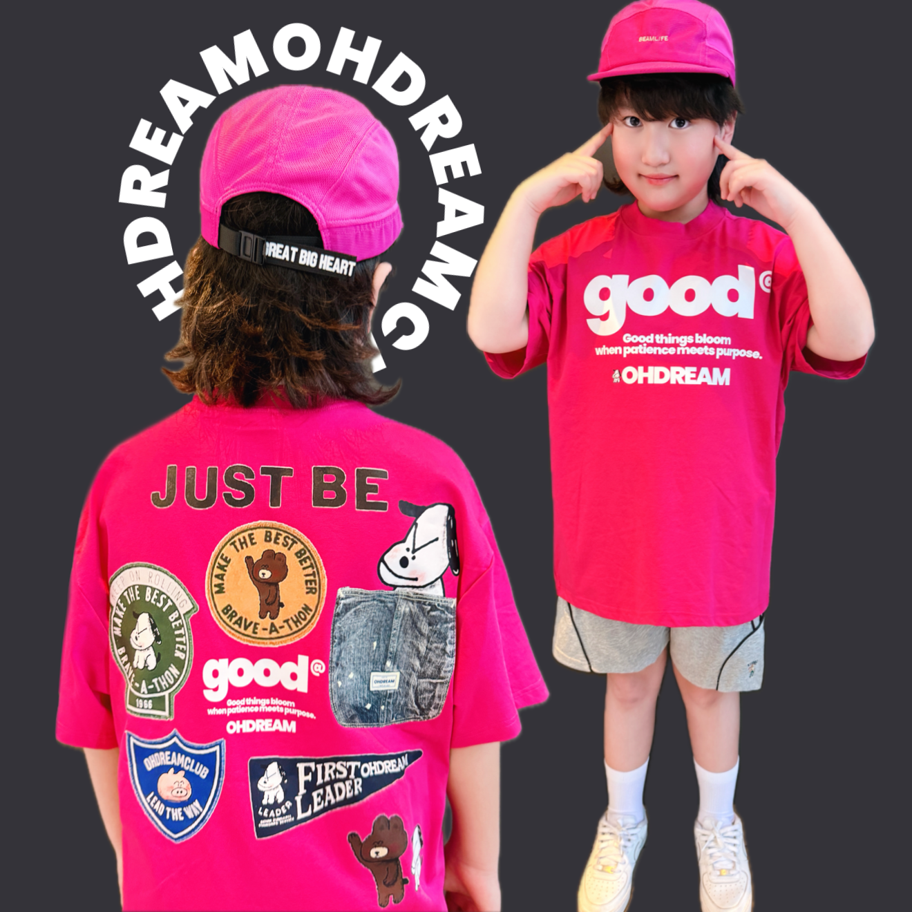 OHDREAM童装多彩设计good系列玫红色全家亲子男女童短t