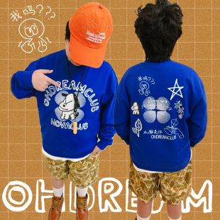 OHDREAM童装宝蓝色幸运四叶草涂鸦卫衣男女童亲子装