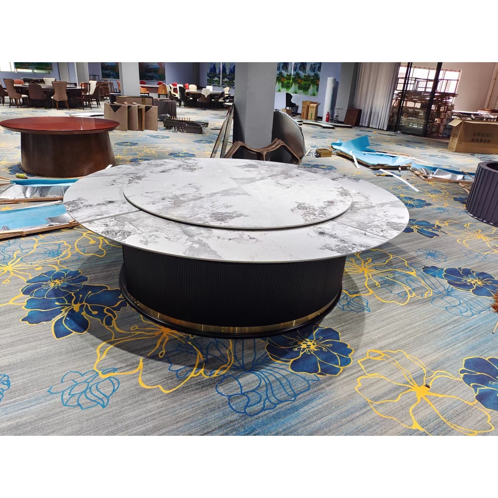 轻奢电动餐桌 轻奢岩板转动餐台 酒店餐桌配套餐椅