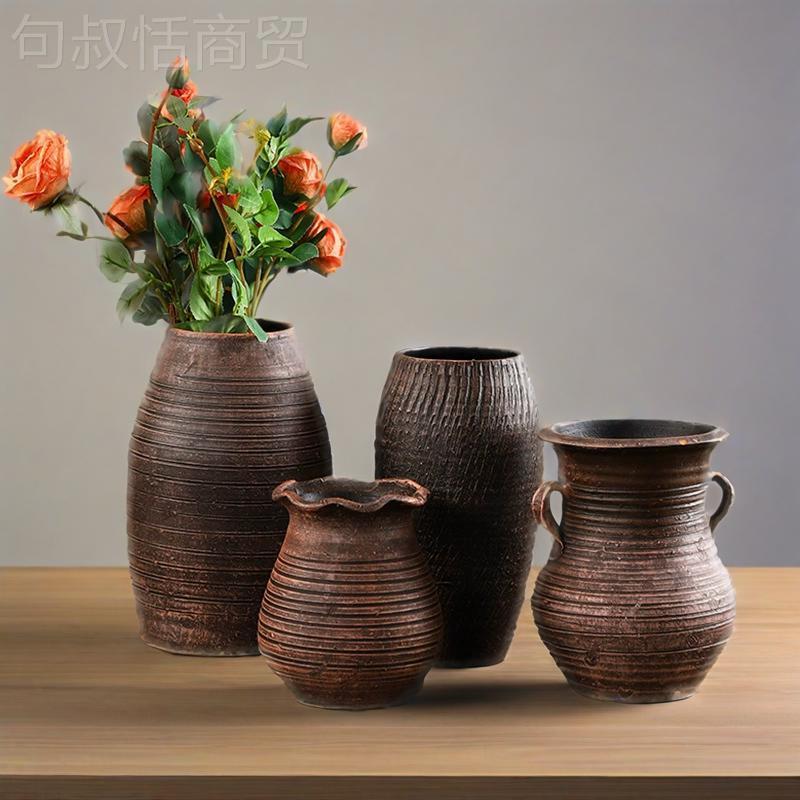陶花瓶中土式复古花盆花家ADO居培干花罐客厅阳台装饰摆件土陶插