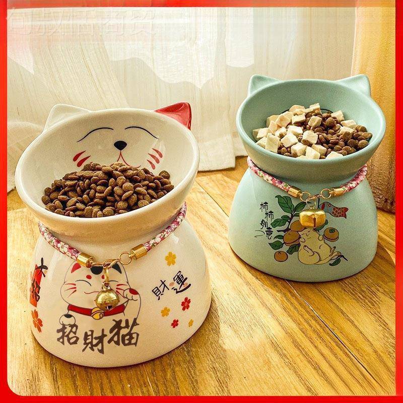 打猫斜碗陶瓷高脚猫咪食盆保护颈防翻水XPX碗猫粮碗饭椎碗口宠物