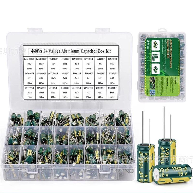 460PCS 绿色高频直插铝电解电容套件 24种规格阻值 6.3V-50V