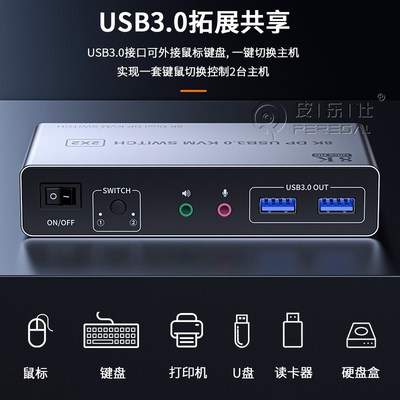 DP1.4版二进二出KVM切换器4k120Hz双屏扩展2进1分配器8K超高清电