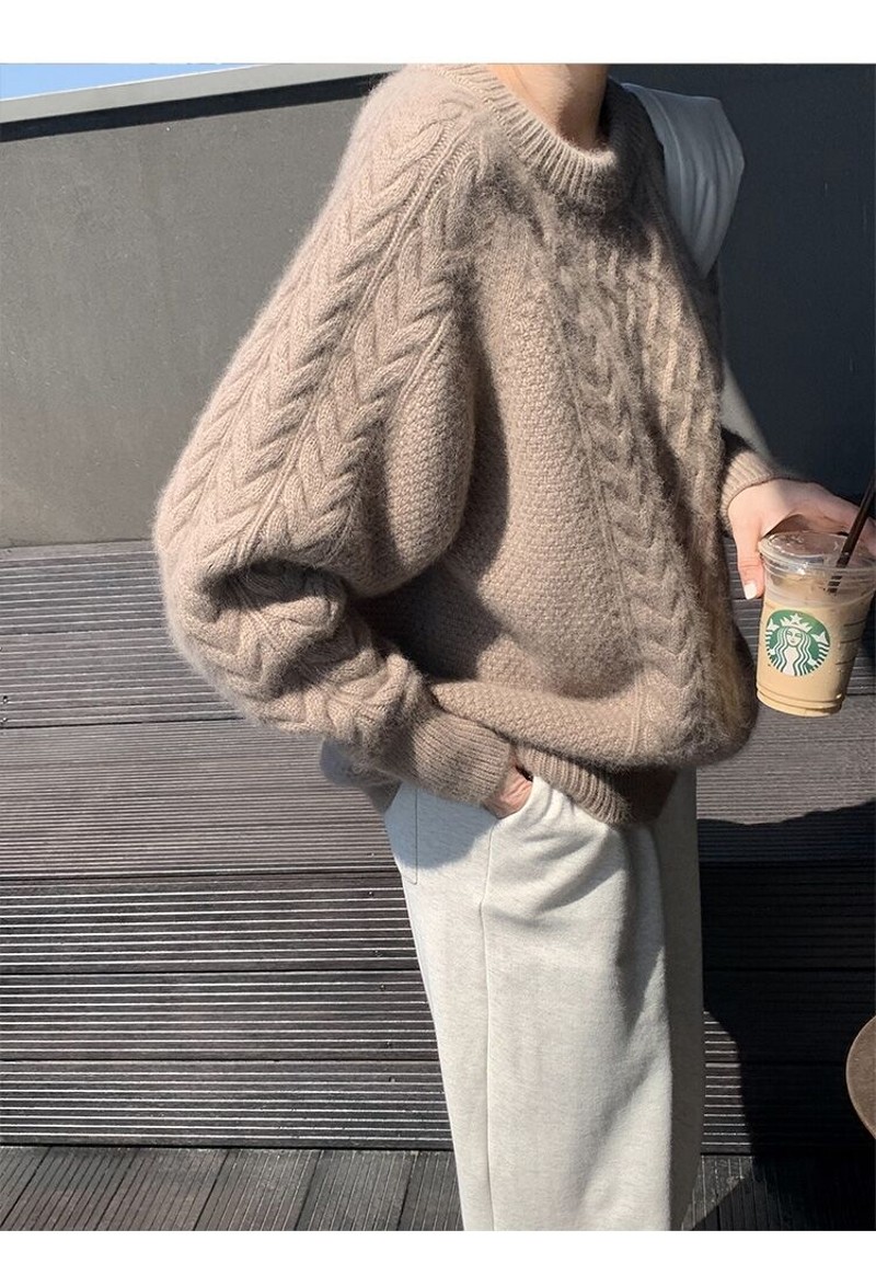 山羊绒套头毛衣女加厚21秋冬新款韩版宽松大码圆领麻花针织打底衫