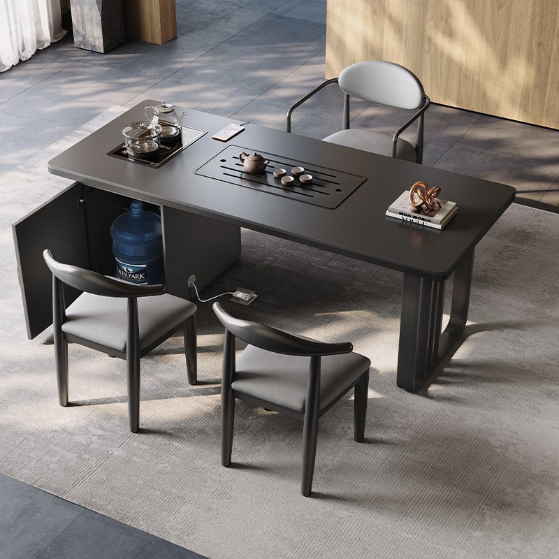 意式极简纯黑岩板家用阳台小茶台办公室功夫泡茶桌休闲喝茶桌组合