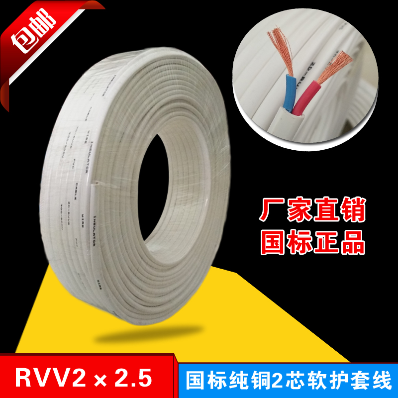 电线2芯2.5 平方国标1.5 4 6双芯纯铜芯线RVV软白护套线家装电缆