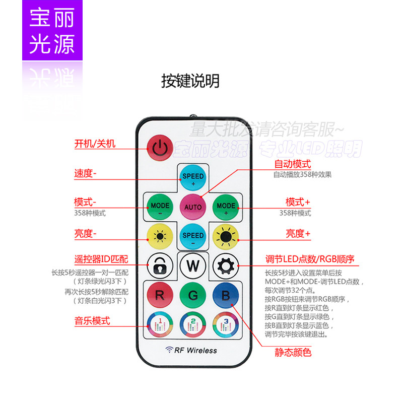 LED幻彩灯带USB声控17键音乐控制器WS2812B幻彩灯条RF射频遥控器