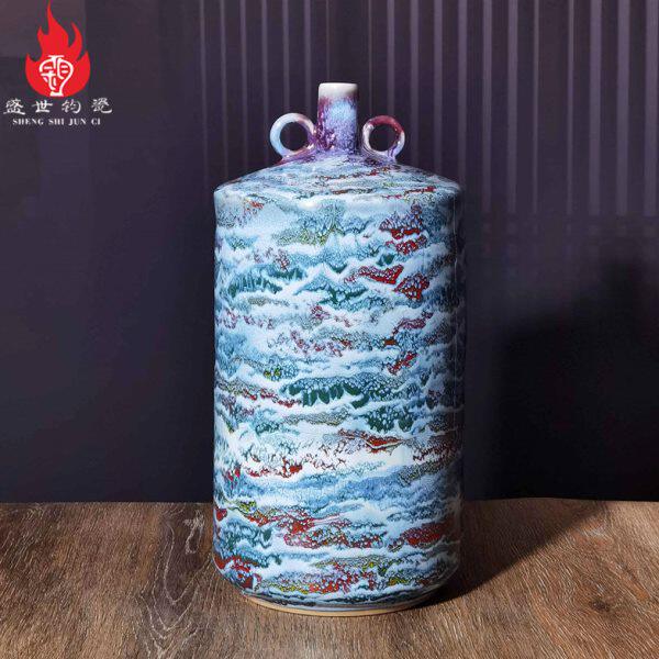 禹州神后钧瓷小口花瓶中式复古玄关摆件窑变花釉陶瓷工艺品天顶尊