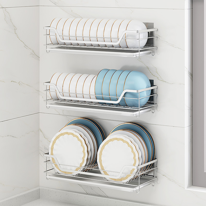 壁挂式碗架沥水架免打孔304不锈C钢 单层碗碟沥水篮厨房收纳置物