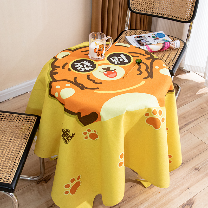北欧卡通桌布防水防尘棉麻餐桌台布可爱J老虎电视柜茶几布圆桌盖