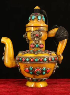 古玩收藏西藏收老物件纯手工掐丝镶嵌宝石蜜蜡酒壶藏式八宝酒壶