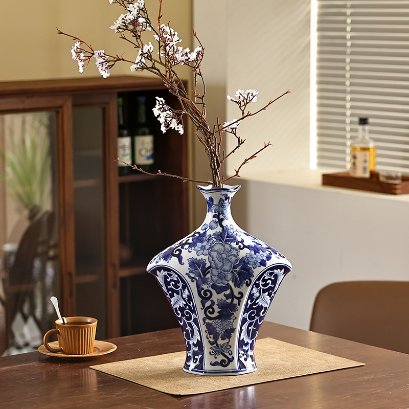 中式青花瓷扁花瓶青花瓷花瓶陶瓷家用瓷瓶摆件客厅装饰轻奢花瓶