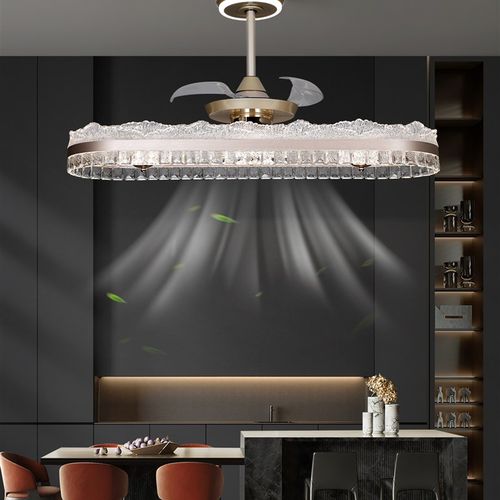 新款餐厅隐形风扇吊灯三色变光智能语音全铜变频静音电机加水晶