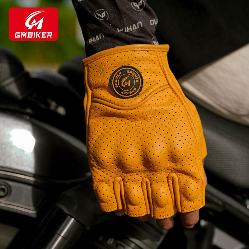 摩托车真羊皮手套复古机车u骑士装备骑行四季夏季半指防风透气防