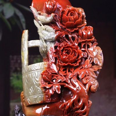 福建寿山石鸟语花香摆件家居客厅办公室装饰摆设俏色巧雕花鸟工艺