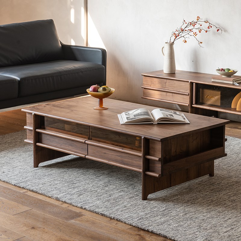 北美黑胡桃木中古风小户型客x厅茶几家用全实木骨骼线沙发储物柜