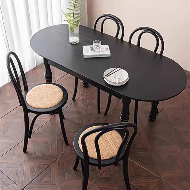 法式实木复古餐桌现代家t用简约小户型饭桌客厅轻奢半圆形靠墙餐