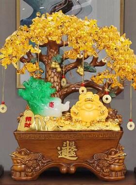 Rongsha Golden Crystal Wealth Tree Fortune Cat Ornament