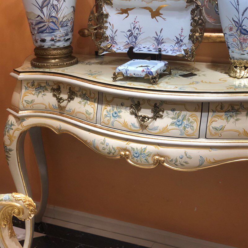 奢华法式欧式重工手绘玫瑰花卉米白色玄关台沙发靠台玄关柜