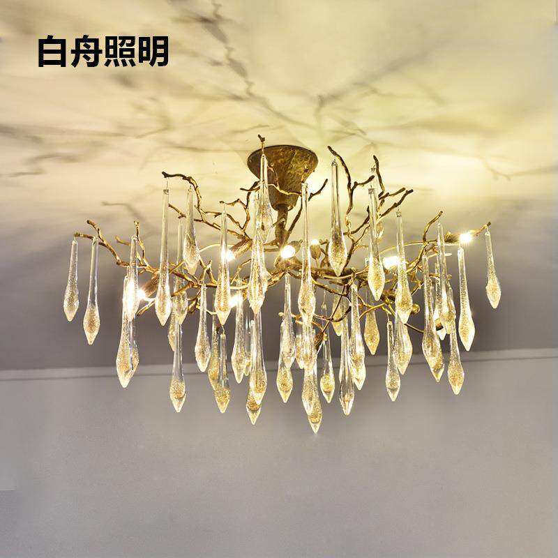 客厅卧室吊灯简约金粉水晶全铜树枝别墅灯现代吧台KTV过道吸顶灯