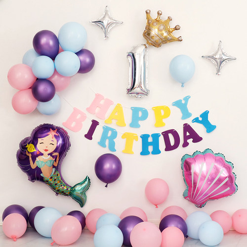 美人鱼主题女孩生日气球装饰女宝派对场景布置周岁宝宝背景墙套餐