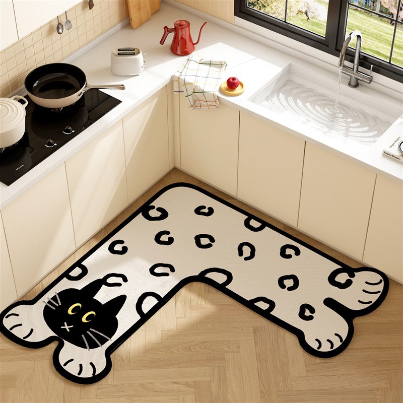 蓝色小狗转角厨房垫硅藻泥L型一体式厨房地垫多巴胺异形吸水脚垫