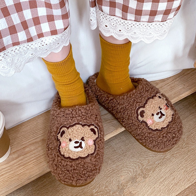 可爱卡通小熊棉拖鞋女冬季学生宿舍居家防滑保暖毛毛绒包头拖鞋男