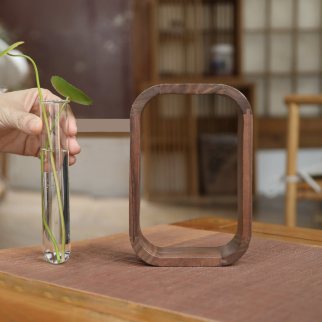 黑胡桃实木花器创意玻璃试管花瓶桌面简约小摆件日式水培植物花插